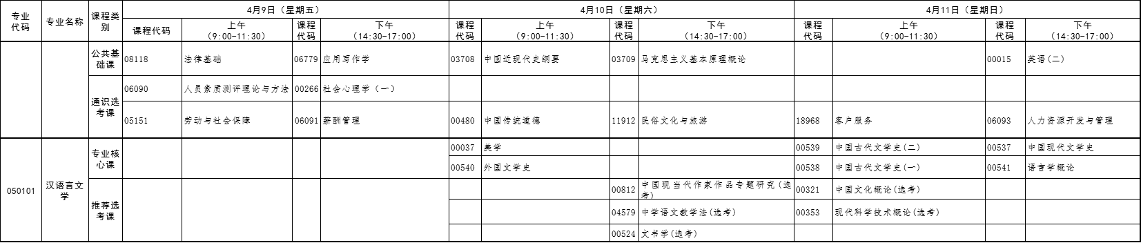 2021年4月湖北自考專升本漢語(yǔ)言文學(xué)考試課程安排