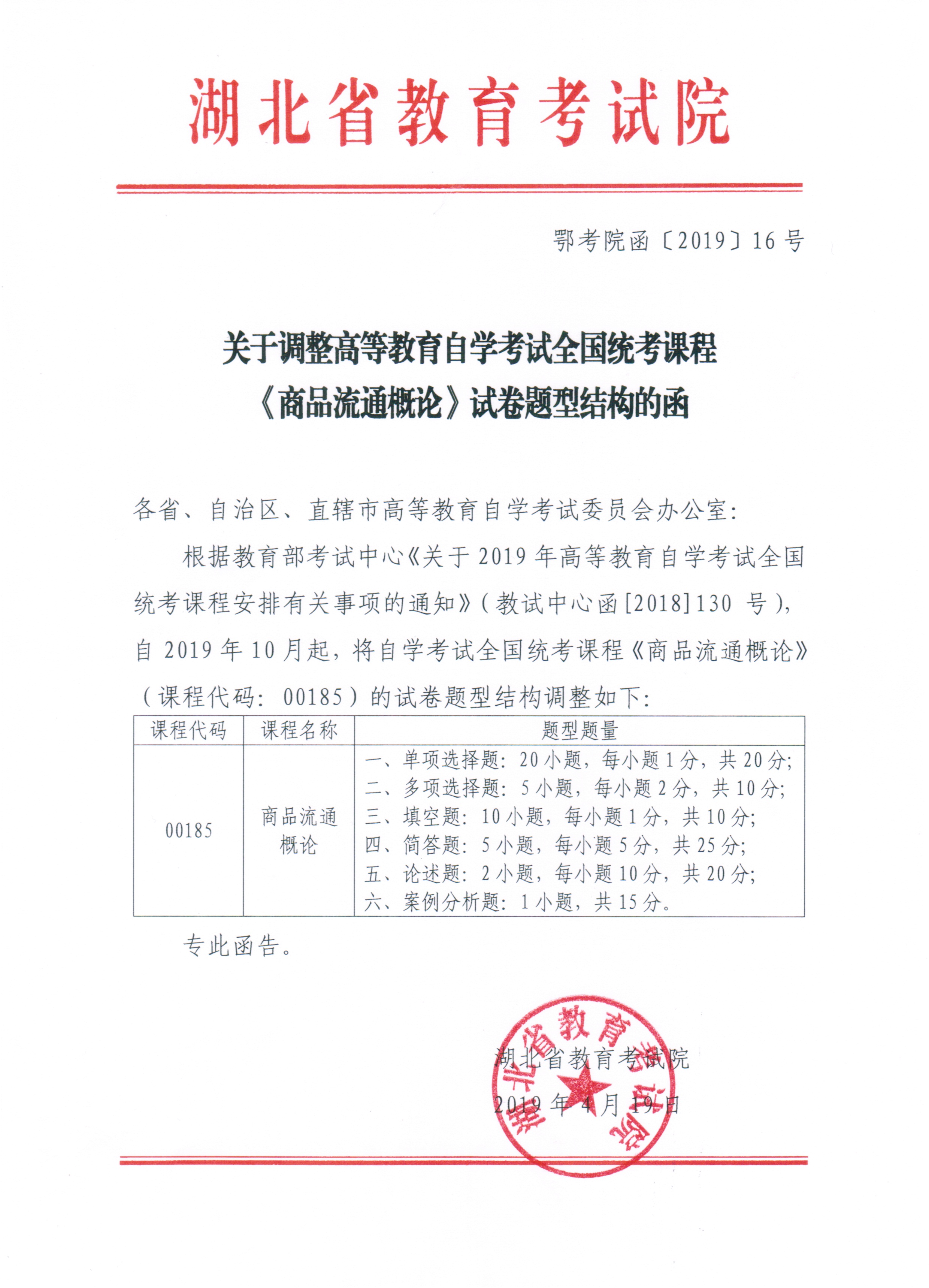2019年10月自考全國統(tǒng)考課程《商品流通概論》試卷題型結(jié)構(gòu)調(diào)整通知