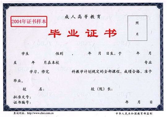 武漢工程大學(xué)成人教育畢業(yè)證書樣式