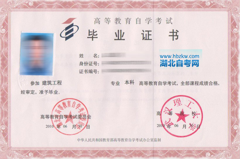 武漢商學院自考證書樣本（附樣本圖）
